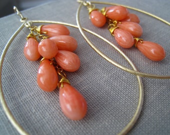 Coral Hoop Earrings, gold hoop earrings, spring weddings, pink corals, bridesmaid jewelry, bridesmaid earrings, wire wrapped