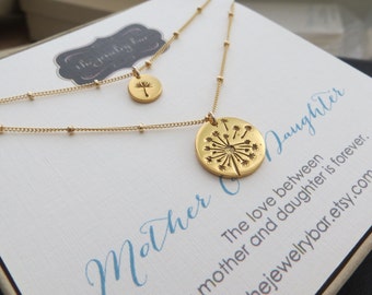 Mother daughter gold Dandelion necklace, mom daughter gift set, 14k gf dewdrop chain, birthday gift for mom, Mother's day gift, Christmas