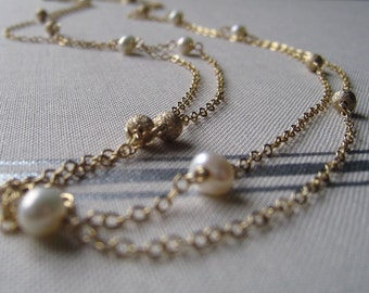 Long pearl wrapped necklace, champagne gold, bridesmaid long necklace, bridal party gifts, dainty long layering necklace, stardust bead