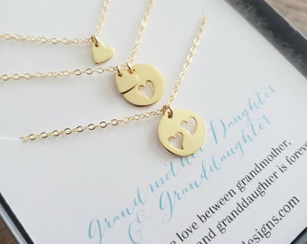 Christmas gift for 3 generations of women, Grandmother, mother and daughter necklace set, shareable heart cutout pendant, grandma gift set