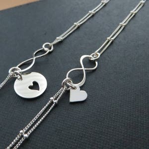 mother daughter infinity bracelet, birthday gift for mom, satellite beaded chain, mothers day gift, heart cutout charm, shareable set of 2