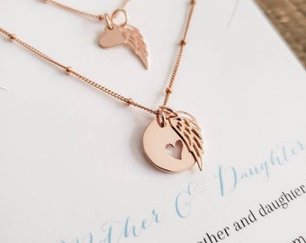 Mothers day gift, Mother daughter jewelry, angel wing heart cutout necklace, rose gold, loss of mom, memorial, sympathy, in memory of mom