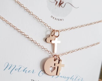 Mother daughter cross heart necklace set, women mom daughter jewelry, Christian mom  cancer support gift, shareable necklaces Christmas