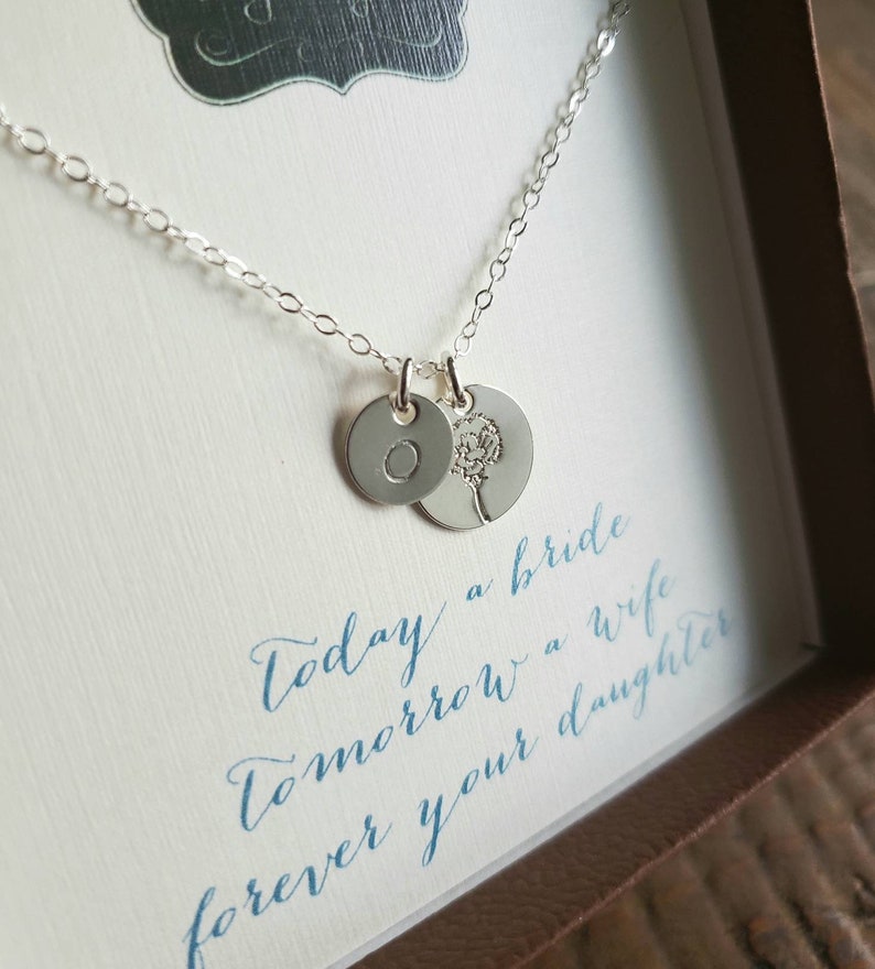 Birthday gift for mom from daughter, Personalized Birth flower necklace, hand stamped initial, stepmom, first my mother forever my friend Jan Carnation