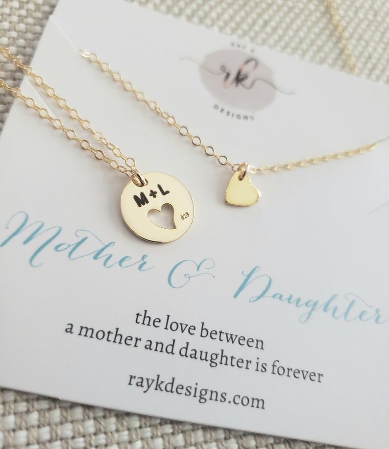 SALE Mother daughter necklace set, two gold heart necklace, mothers day gift jewelry set, mum affordable birthday gift, Thank you gift image 2