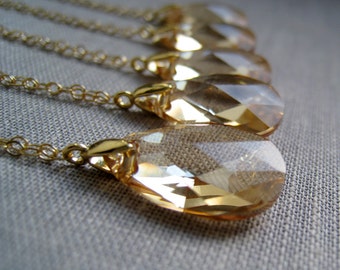 Swarovski crystal necklace, set of 4 bridesmaid jewelry, champagne gold, solitaire, bridal party gift, wedding day, golden shadow