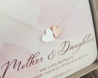 Mothers day gift for Mom, mother daughter double heart necklace, mixed metal finish, rose gold, bonus mother birthday present from daughter