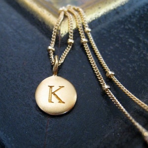 Gold initial necklace, monogram, personalized bridesmaid jewelry, gold disc charm, letter disk necklace