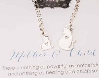 Mommy and baby cat necklace, mom daughter Christmas gift set, first day of kindergarten gift, sterling silver, mom child jewelry