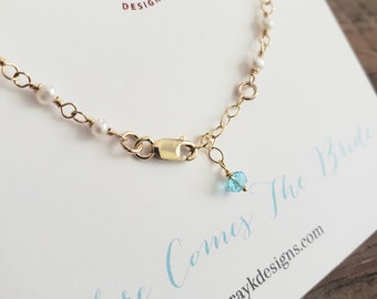 Gift for daughter from mother of the bride, blue topaz pearl link bracelet, something blue for bride, here comes the bride, bridal shower