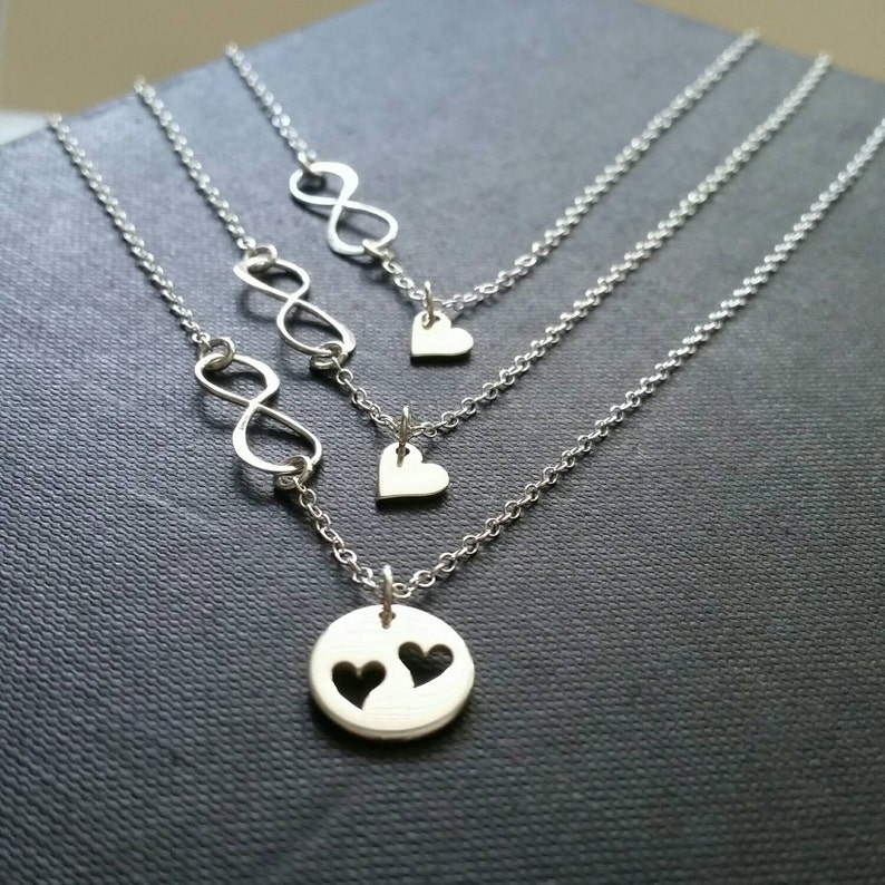 Mother daugther infinity necklace, mom of 2 daughters gift, mother two daughters necklace set, sterling silver, heart cutout, birthday gift image 1