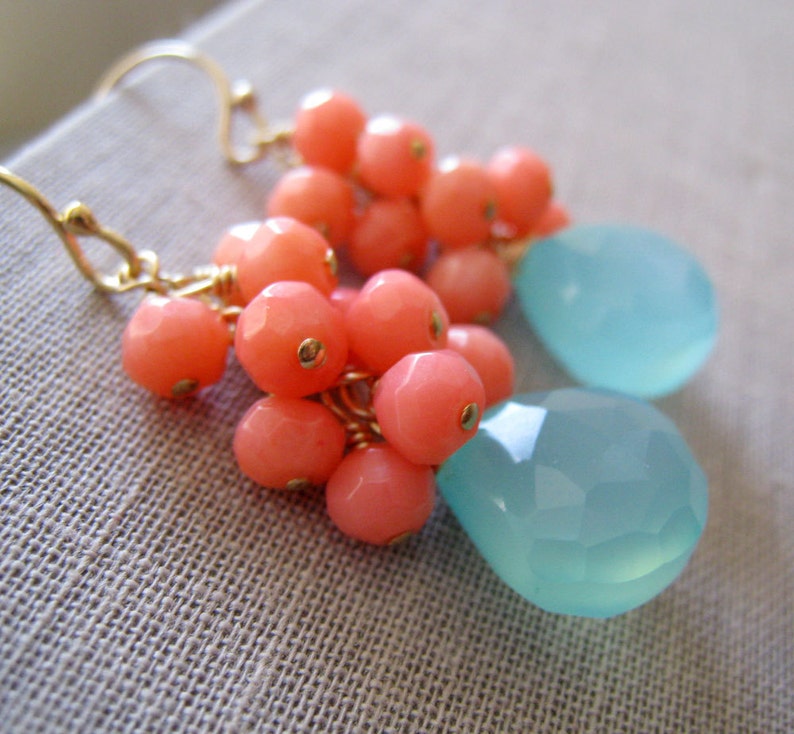 Maid of honor gift, Aqua earrings, bridesmaid coral earrings, aqua blue chalcedony, bridal party jewelry, pink, pastel, spring weddings image 2