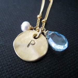 March birthstone necklace, Aquamarine, initial necklace, personalized jewelry, March birthday gift for her, hand stamped