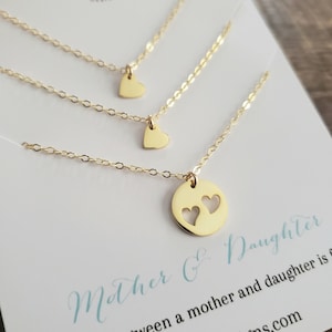 Mother two daughters necklace, mother daughter jewelry, delicate gold vermeil heart, Christmas gift from 2 daughters, shareable set