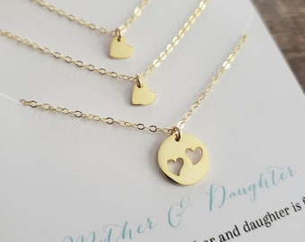 Mother two daughters necklace mother daughter jewelry delicate gold vermeil heart Christmas gift from 2 daughters shareable set