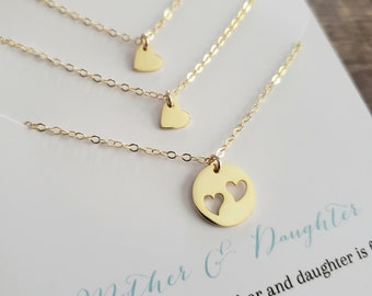 Mother two daughters necklace, mother daughter jewelry, delicate gold vermeil heart, Christmas gift from 2 daughters, shareable set