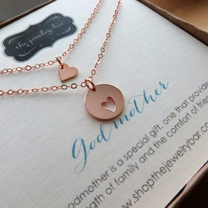 Godmother goddaughter necklace set, rose gold heart cutout pendant jewelry, birthday gift for godmother godchild Christmas, religious image 5