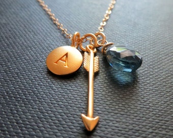 gift for her, Arrow necklace, personalized jewelry, Gold archery charm, vermeil initial disk, birthstone, love, archery, cupid