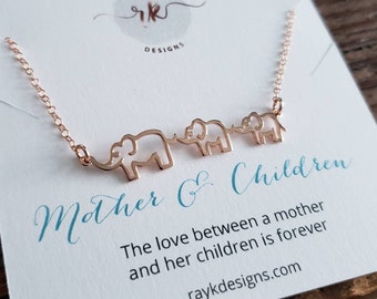 Mom children jewelry, good luck mama two baby elephants necklace, mom birthday gift, mom of son and daughter, Christmas present