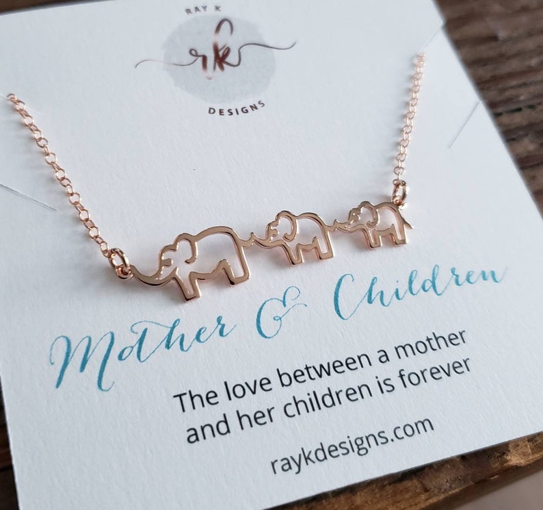 Mom children jewelry, good luck mama two baby elephants necklace, mom birthday gift, mom of son and daughter, Christmas present image 1