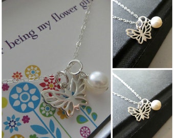 Flower girl gift, butterfly charm necklace, junior bridesmaid gift, wedding day gift, flower girl jewelry, sterling silver pearl necklace