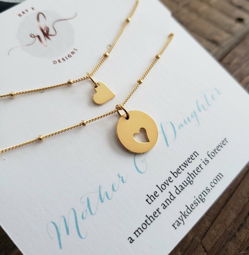 Best seller Mother gift, Mom daughter rose gold necklace wedding day shareable set heart cutout satellite chain, mother of the bride gift image 6