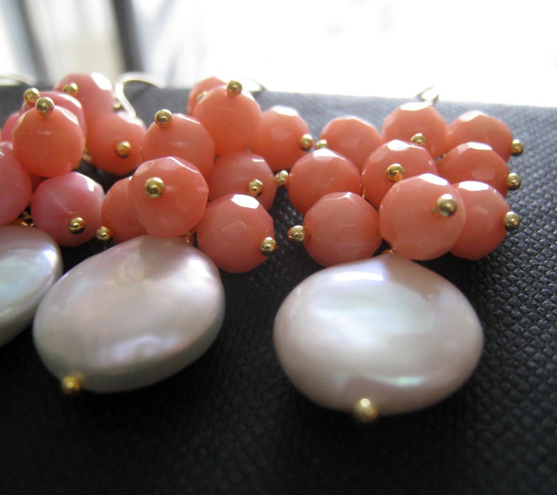 Coin Pearl and pink coral earrings, Salmon pink corals, spring wedding bridesmaid jewelry, freshwater pearls, flower girl gifts image 2