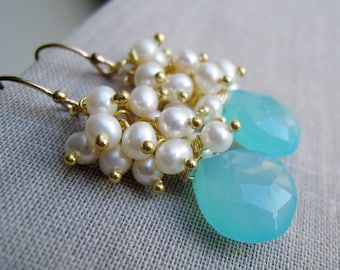 Aqua and pearl earrings, bridesmaid earrings, bridal earrings, wire wrapped gemstone and pearl, dangle, wedding jewelry, blue white mix
