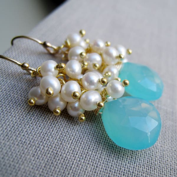 Aqua and pearl earrings, bridesmaid earrings, bridal earrings, wire wrapped gemstone and pearl, dangle, wedding jewelry, blue white mix