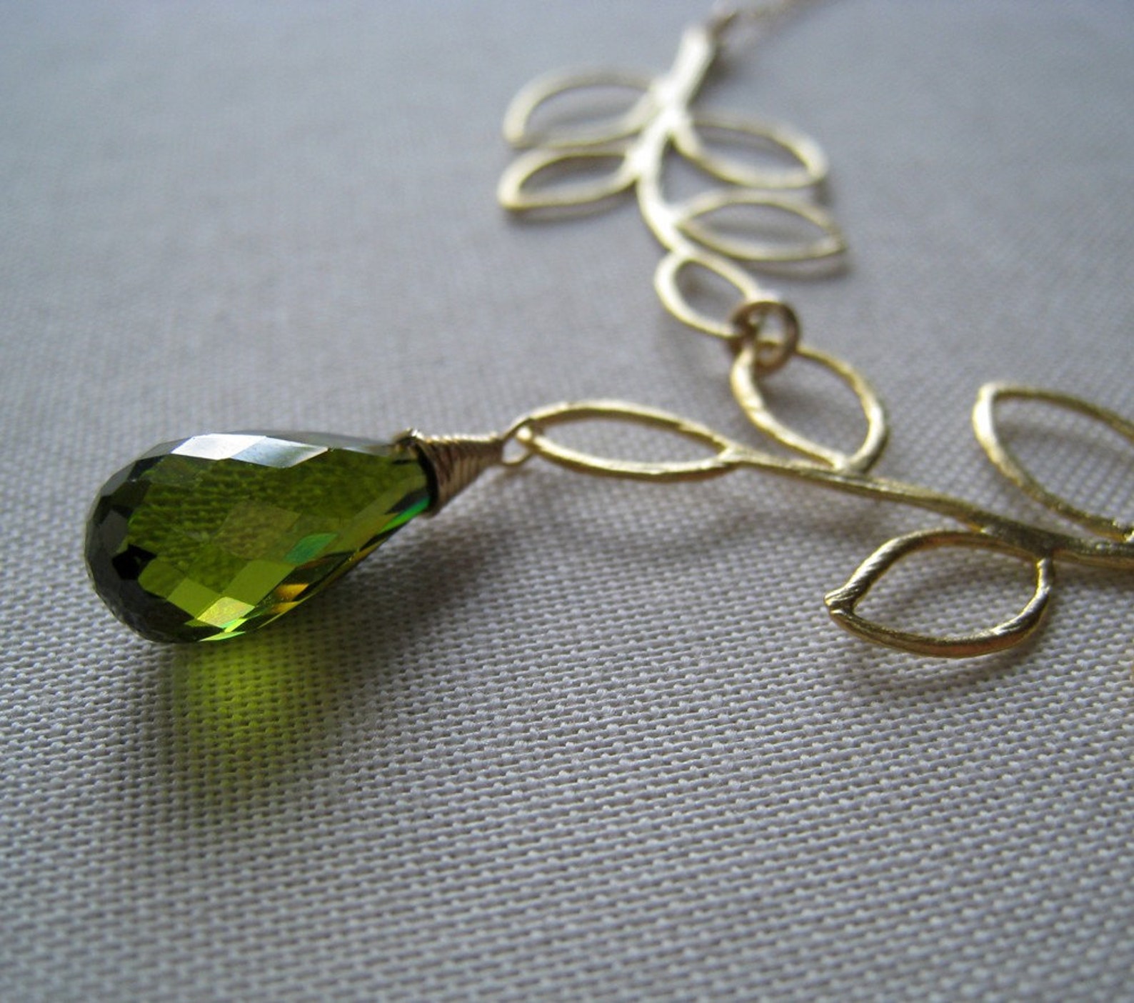Double Gold Leaf Neckalce Olive green stone necklace Olivine Etsy