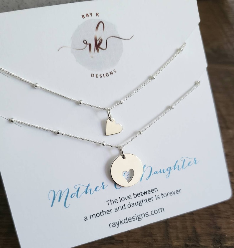 Best seller Mother gift, Mom daughter rose gold necklace wedding day shareable set heart cutout satellite chain, mother of the bride gift image 3