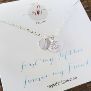 Personalized gift for her, mom birthday gift from daughter, Birth flower necklace, hand stamped disc & initial, mum Valentines day gift image 10