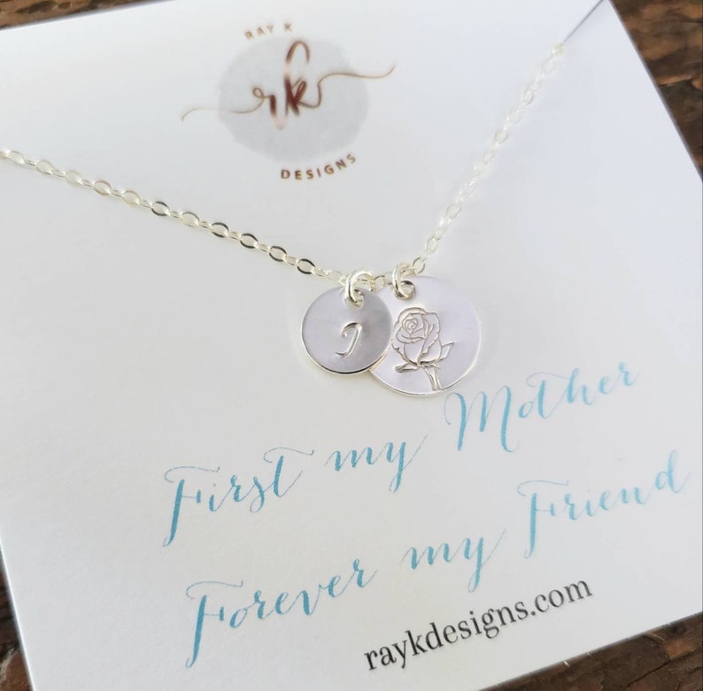 Personalized gift for her, mom birthday gift from daughter, Birth flower necklace, hand stamped disc & initial, mum Valentines day gift image 10