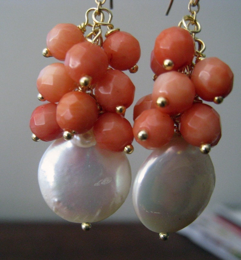 Coin Pearl and pink coral earrings, Salmon pink corals, spring wedding bridesmaid jewelry, freshwater pearls, flower girl gifts image 3