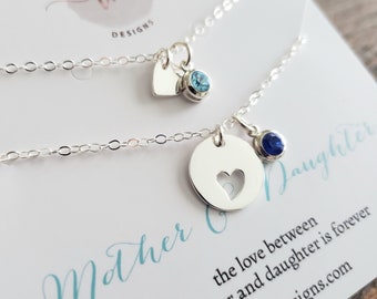 Adoption gift, mother daughter birthstone necklace set, heart cutout charm, child welcoming gift biological birth mom, foster bonus mom gift