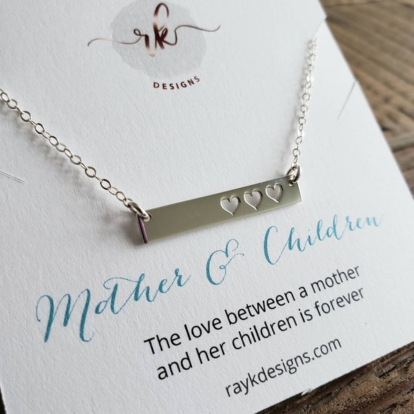 Mother necklace, sterling silver 3 heart cutout bar necklace, mothers day gift from children, mom of three, keepsake mother gift from son