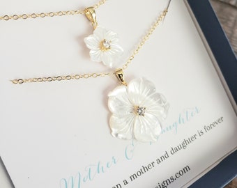 Mother daughter matching orchid flower necklace mother of pearl set of 2 flower charm destination wedding mother of the bride gift