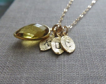 November birthstone necklace, leaf initial necklace, personalized jewelry, Citrine, Personalized birthday gift for her, family, sisters