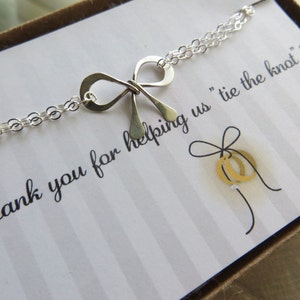 Bracciali di prua sei damigelle, legare il braccialetto nodo, sterling silver charm fiocco, carta da Damigella & gioielli, gioielli di nozze
