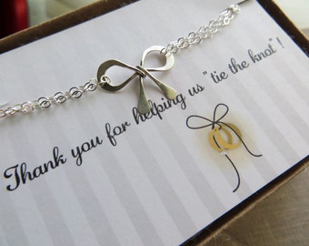 Six Bridesmaid bow bracelets, Tie the knot bracelet, sterling silver bow charm, Bridesmaid card & jewelry, wedding jewelry