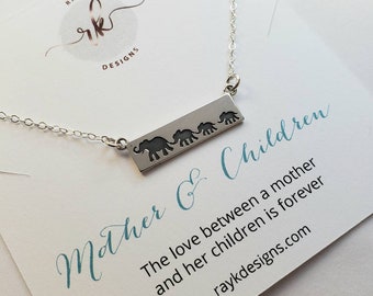 Mother 3 Children jewelry, mom three children elephant bar necklace, mothers day gift from kids, stepmom gift from sons, daughters, silver