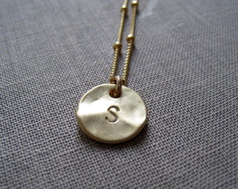 Initial necklace, simple organic gold letter charm necklace, personalized jewelry, hammered disc, monogram necklace,gift for her