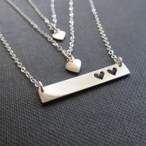 Mother gift from two daughters, sterling silver bar & heart necklace, mom 2 daughters Christmas shareable bonding gift set
