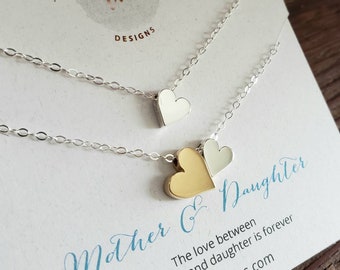 Mother daughter gift set, mixed color side by side  double heart necklace, mother daughter jewelry set of 2, shareable mother and child set