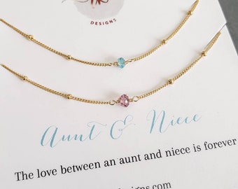 Aunt and niece matching tiny birthstone accent necklace, dewdrop chain, choker, valentines day gift for niece, aunt niece layering jewelry