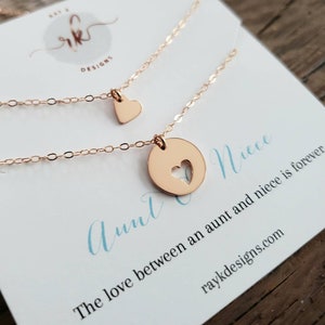 Aunt niece shareable necklace set, rose gold heart cutout charm, birthday gift for new aunt from niece, baptism matching Valentines day gift