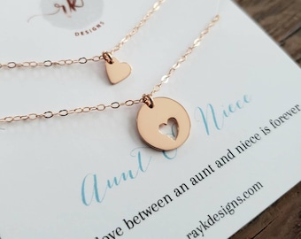 Aunt niece shareable necklace set, rose gold heart cutout charm, birthday gift for new aunt from niece, baptism matching mothers day gift