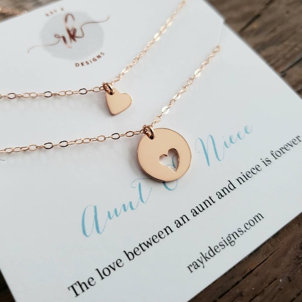 Aunt niece shareable necklace set, rose gold heart cutout charm, birthday gift for new aunt from niece, baptism matching mothers day gift