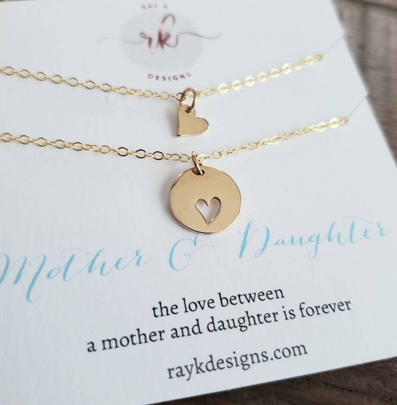 SALE Mother daughter necklace set, two gold heart necklace, mothers day gift jewelry set, mum affordable birthday gift, Thank you gift image 1