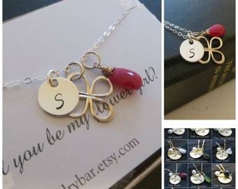 Flower girl initial necklace, daisy charm, personalized flower girl gift, junior bridesmaid jewelry, proposal, sterling silver, birthstone